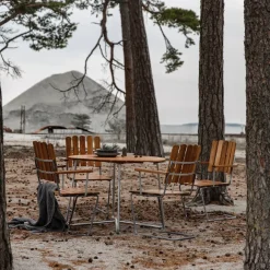 Table For Outdoor Use^Grythyttan Stålmöbler 9A dining table, Oiled oak-hot-dip galvanized stand Ø120 cm Beige