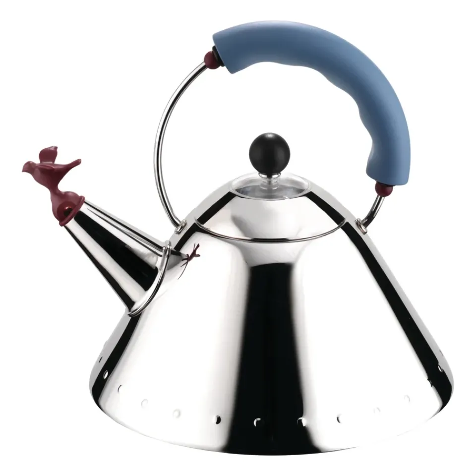 New Alessi 9093 kettle, Light blue-bird Silver-colouredBlue
