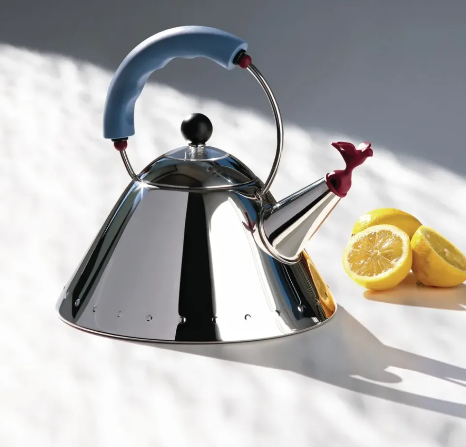 New Alessi 9093 kettle, Light blue-bird Silver-colouredBlue