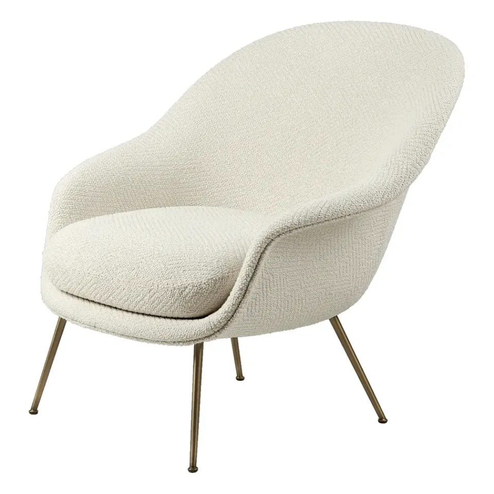 GUBI Bat Lounge Chair - low back, conic base, Dora boucle 0001-antique brass White