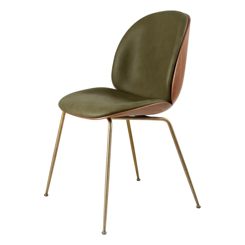 Chairs^GUBI Beetle upholstered chair walnut, Antique brass-leather army GreenBrownGold-coloured