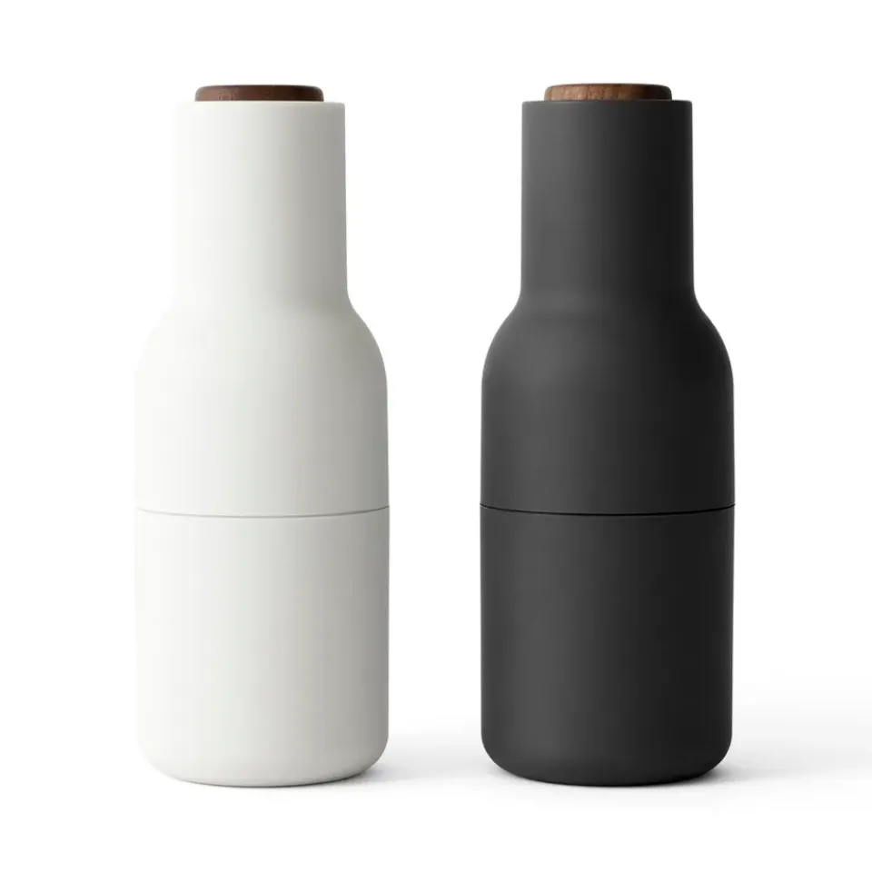 Salt & Pepper Grinders^Audo Copenhagen Bottle Grinder spice mill 2-pack, ash-carbon (wallnut lid) BlackWhite