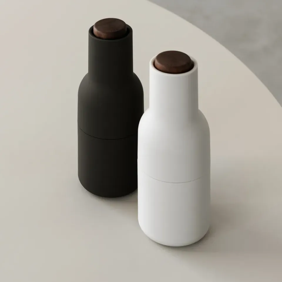 Salt & Pepper Grinders^Audo Copenhagen Bottle Grinder spice mill 2-pack, ash-carbon (wallnut lid) BlackWhite