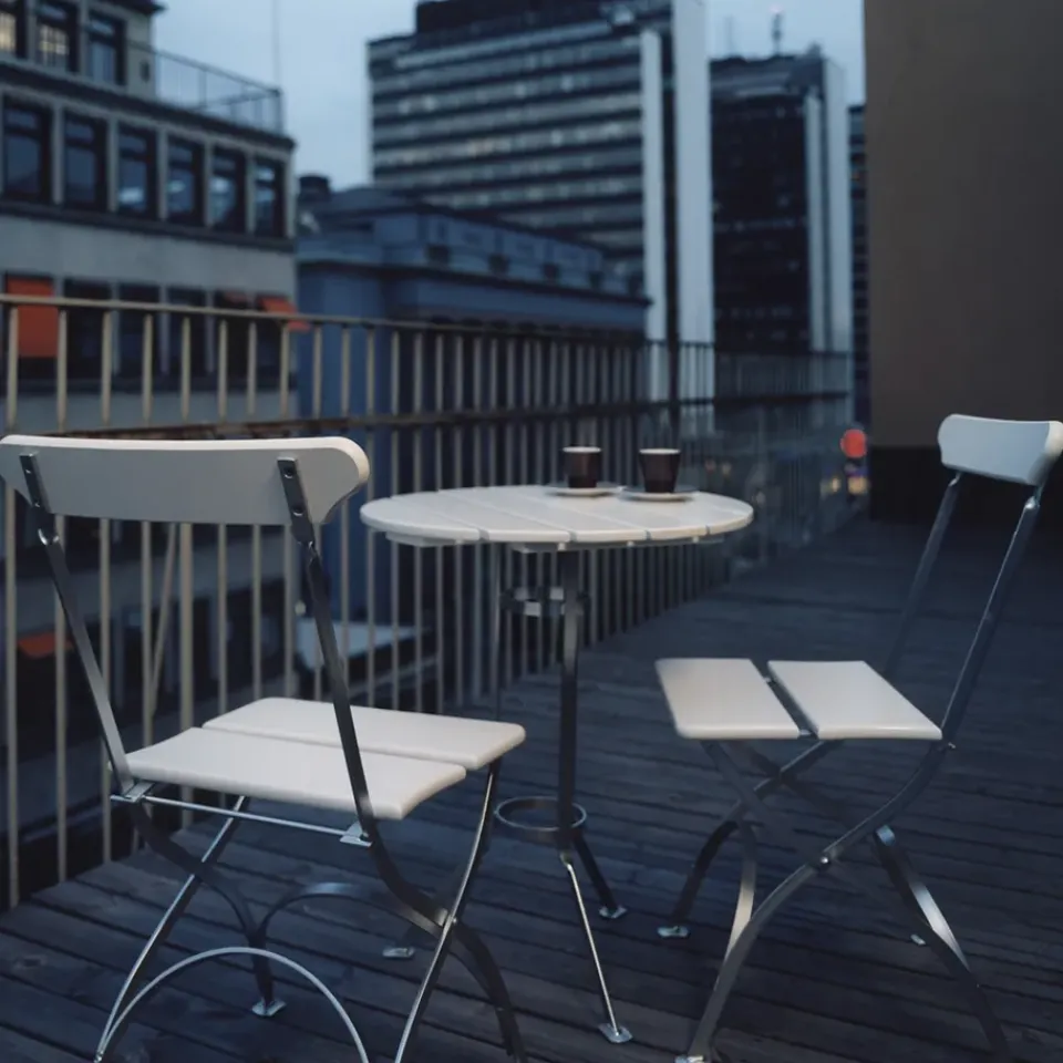Balcony Furniture|Table For Outdoor Use^Grythyttan Stålmöbler Bryggeri tripod table, lacquer oak-hot-dip galvanized White