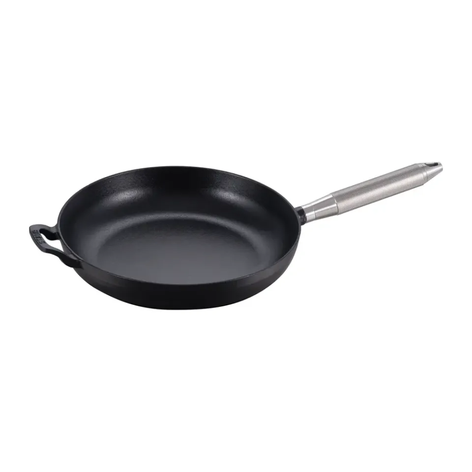 New STAUB Buster & Punch cast iron frying pan black Ø28 cm, Steel handle BlackSilver-coloured