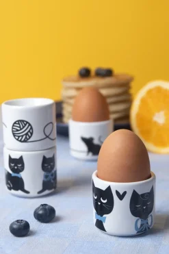 Outlet Pluto Design Cat family egg cup 4 pieces, White-black-blue WhiteBlack
