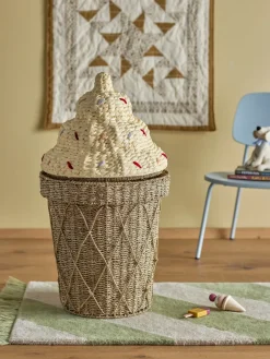 Storage For The Kids Room^Bloomingville Cillie storage basket with lid Ø40 cm, Nature ice cream BrownBeige
