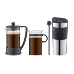 Coffee Presses & Makers^Bodum Coffee set with coffee press. cup. Travel mug and spoon, Black