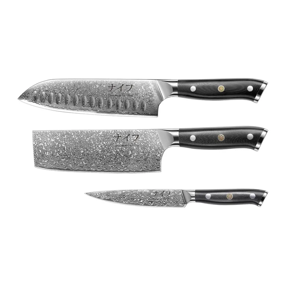 New Hâws Damascus By 3-piece knife set, Black-stainless steel BlackSilver-coloured