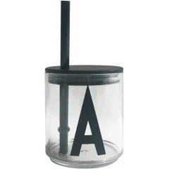 Online Design Letters straw with lid, Black