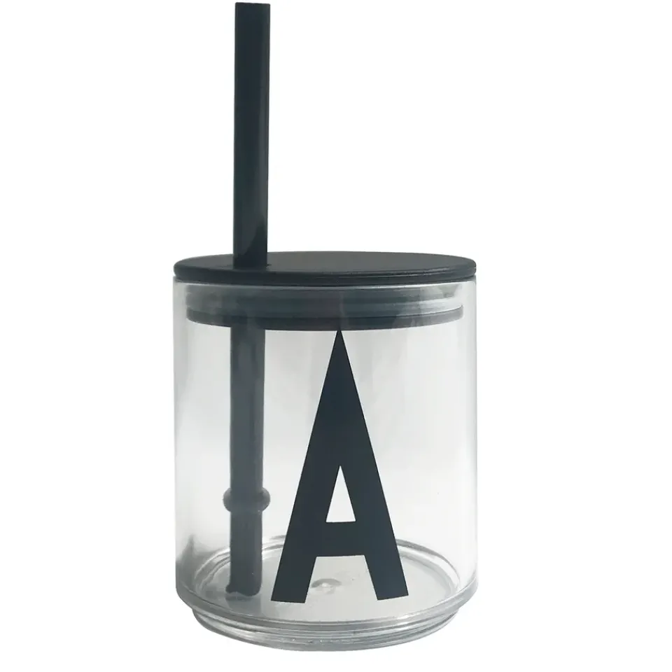 Online Design Letters straw with lid, Black