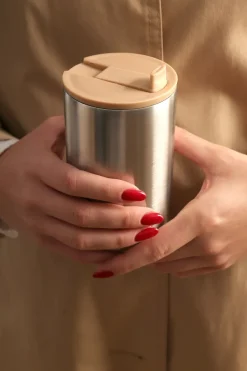 Thermal Flasks & Travel Mugs^Design Letters thermal mug, Brushed steel- Beige