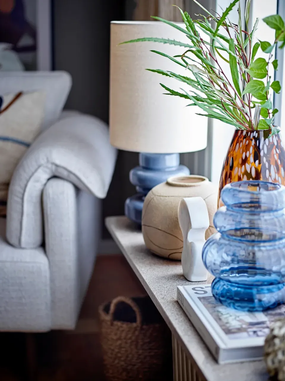 Online Bloomingville Fabiola table lamp Ø24x51 cm, Blue glass-linen BlueWhite