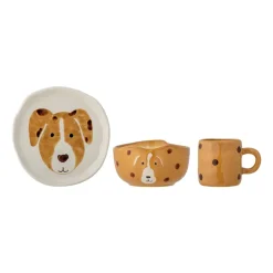 Table Settings & Starter Sets^Bloomingville Fenix children's dinnerware stoneware 3 pieces, Dog WhiteBrown