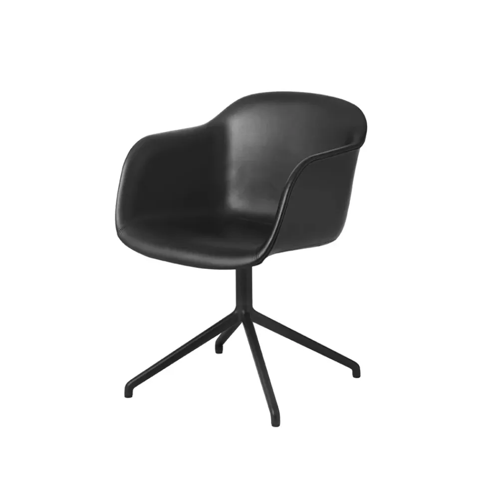 Sale Muuto Fiber armchair office chair swivel base with return, leather-anthracite Black