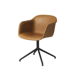 Office Chairs^Muuto Fiber armchair office chair swivel base with return, Cognac leather-anthracite black Brown