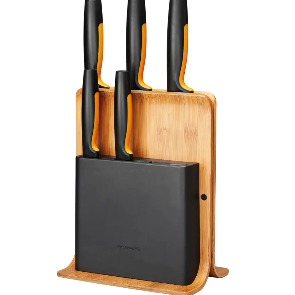 Fiskars Functional Form knifeblock in bamboo with 5 knives, 6 pieces BrownBlack