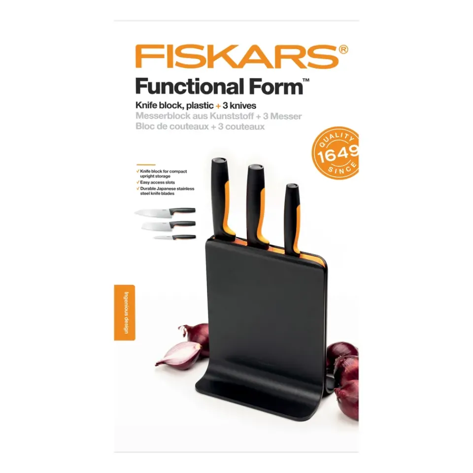 Knife Storage & Holders|Knife Blocks^Fiskars Functional Form plastic knife block with 3 knives, 4 pieces Black