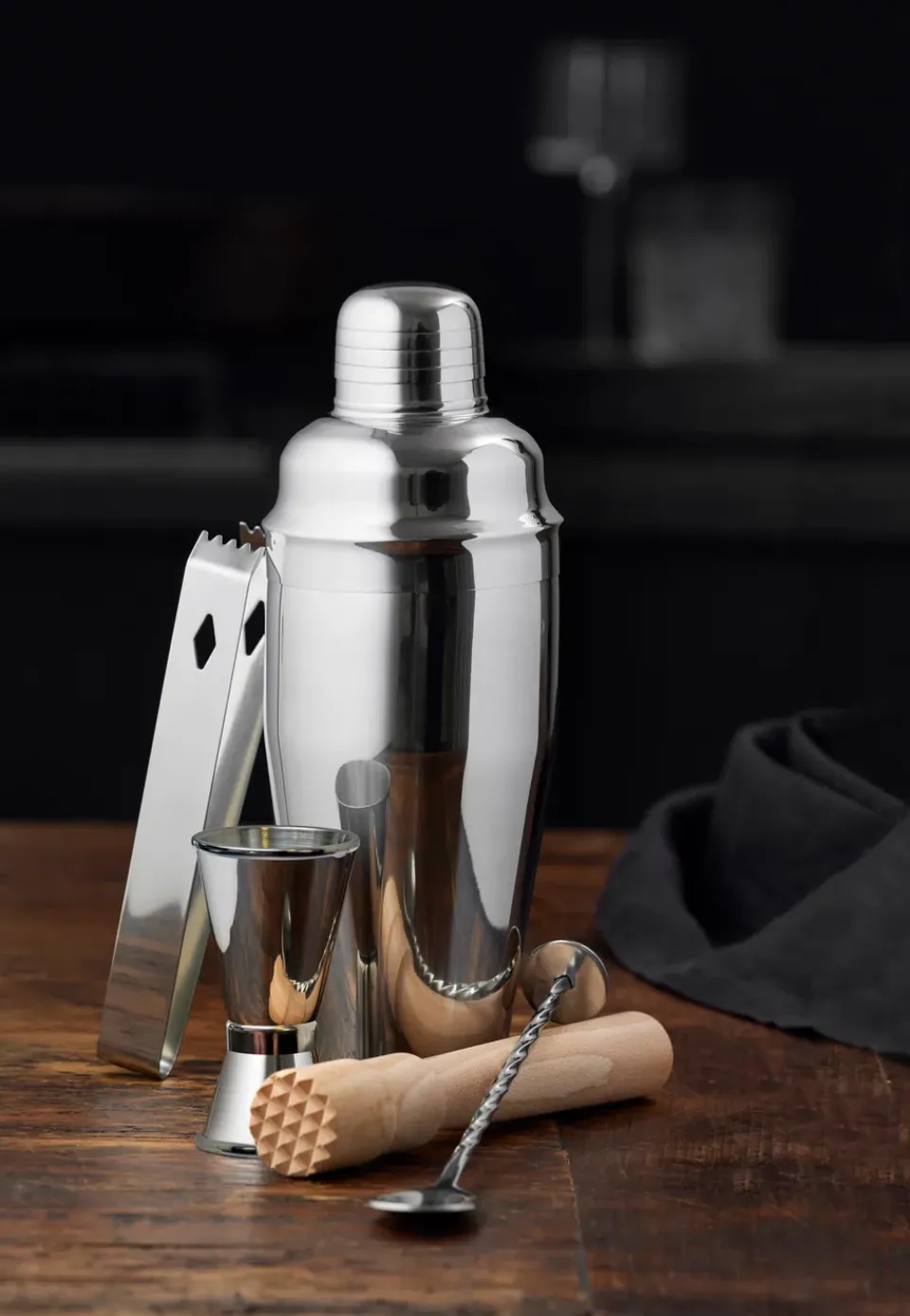 Cocktail Shakers|Wine & Barware^Funktion bar set 5 pieces, Stainless steel-beech Silver-coloured