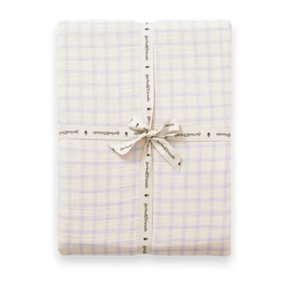 Hot Garbo&Friends Gingham Sky Blue Muslin Fitted Sheet, 180x200x30 cm Beige