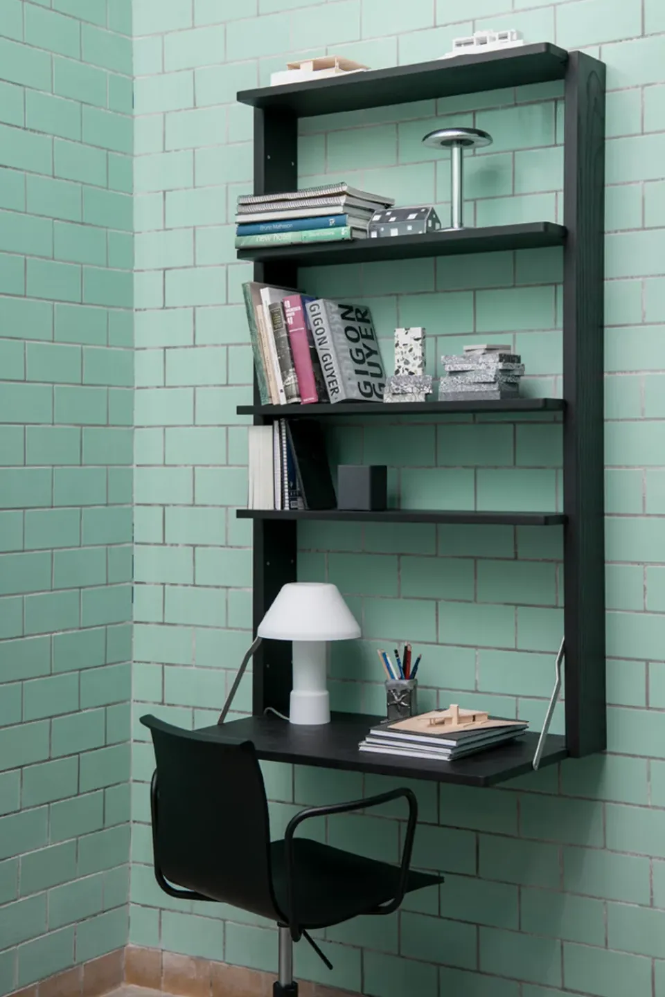 Clearance Massproductions Gridlock - M1-A4-0-D shelf with writing table, stained Ash Black