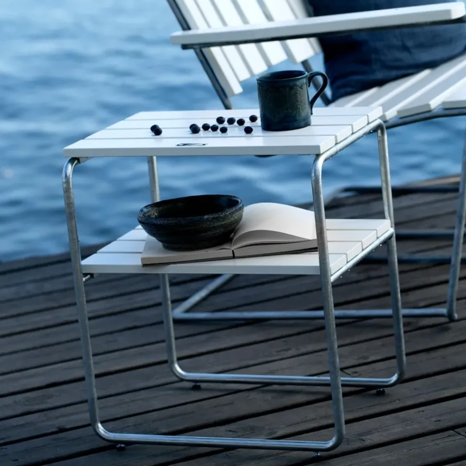 Table For Outdoor Use^Grythyttan Stålmöbler Grythyttan side table, lacquer oak-hot-dip galvanized stand White