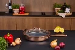 Saucier & Sauté Pans^Hâws Santo cast-iron frying pan with lid hybrid coating, Rose Gold OrangeSilver-colouredBlack
