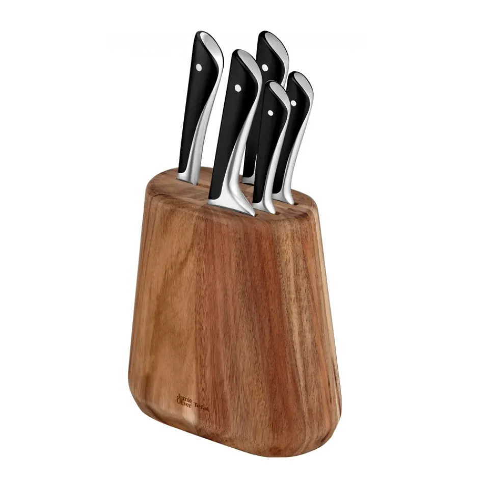 Best Tefal Jamie Oliver knife set with knife block, 6 pieces BrownSilver-colouredBlack