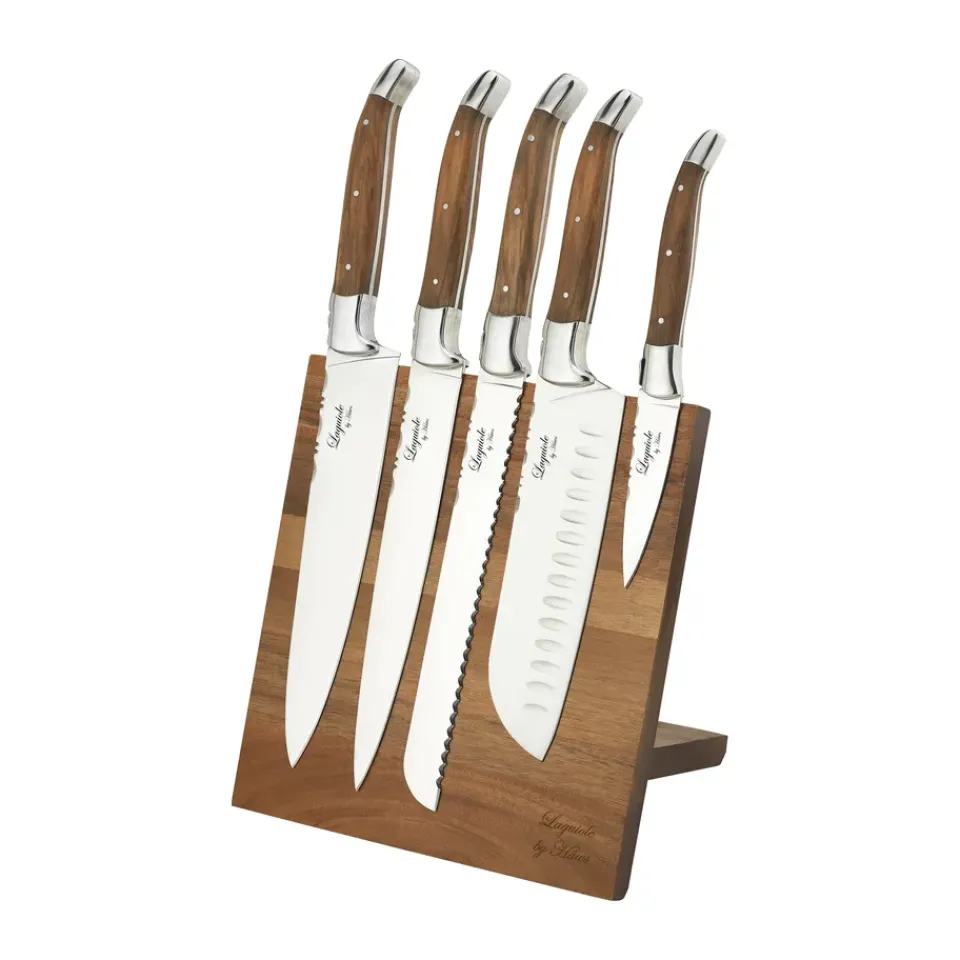 Knife Storage & Holders|Knife Blocks^Hâws Laguiole By knife set with block 6-piece, Olive BrownSilver-coloured