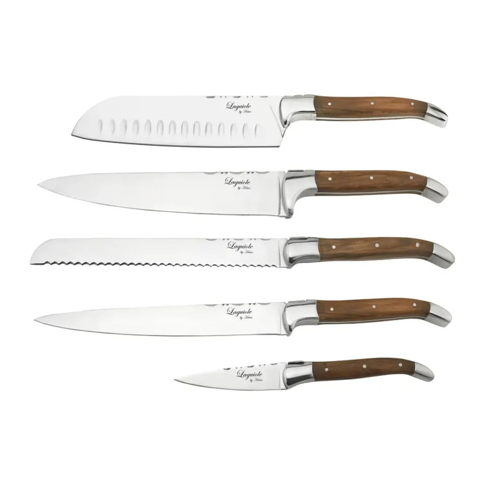 Knife Storage & Holders|Knife Blocks^Hâws Laguiole By knife set with block 6-piece, Olive BrownSilver-coloured