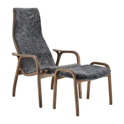Online Swedese Lamino armchair and footstool oak/sheepskin Special Edition, Rubio Monocoat Chocolate-Charcoal Grey
