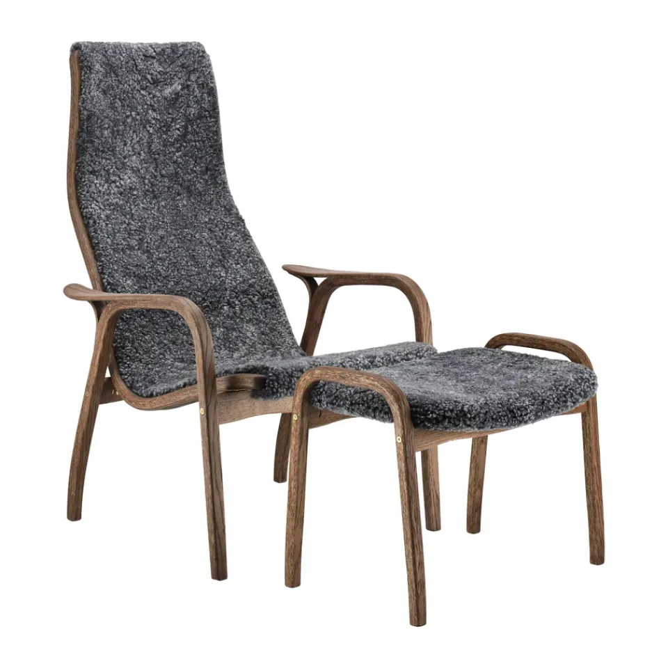 Online Swedese Lamino armchair and footstool oak/sheepskin Special Edition, Rubio Monocoat Chocolate-Charcoal Grey