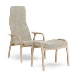 Armchairs & Footstools^Swedese Lamino armchair and footstool varnished beech/sheepskin, Moonlight Beige