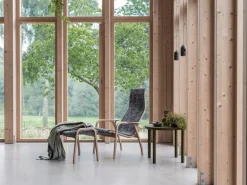 New Swedese Lamino armchair and footstool oiled oak/sheepskin, Sahara (nougat-) Brown