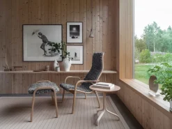 New Swedese Lamino armchair and footstool oiled oak/sheepskin, Sahara (nougat-) Brown
