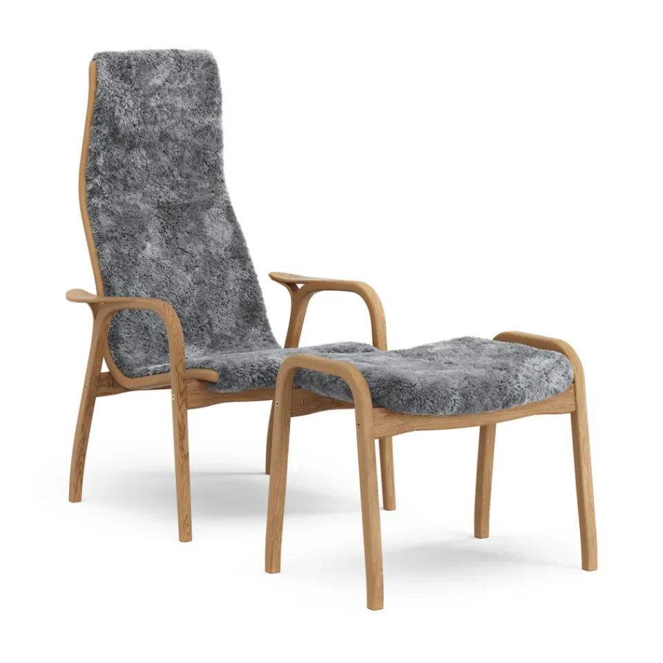 Armchairs & Footstools^Swedese Lamino armchair and footstool oiled oak/sheepskin, Scandinavian Grey