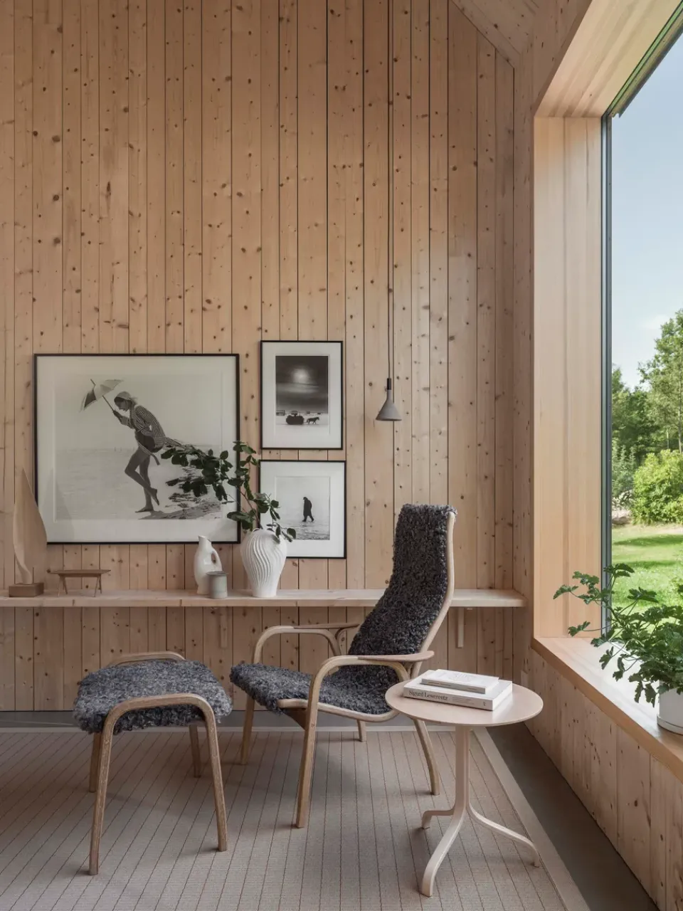 Armchairs & Footstools^Swedese Lamino armchair and footstool oiled oak/sheepskin, Scandinavian Grey