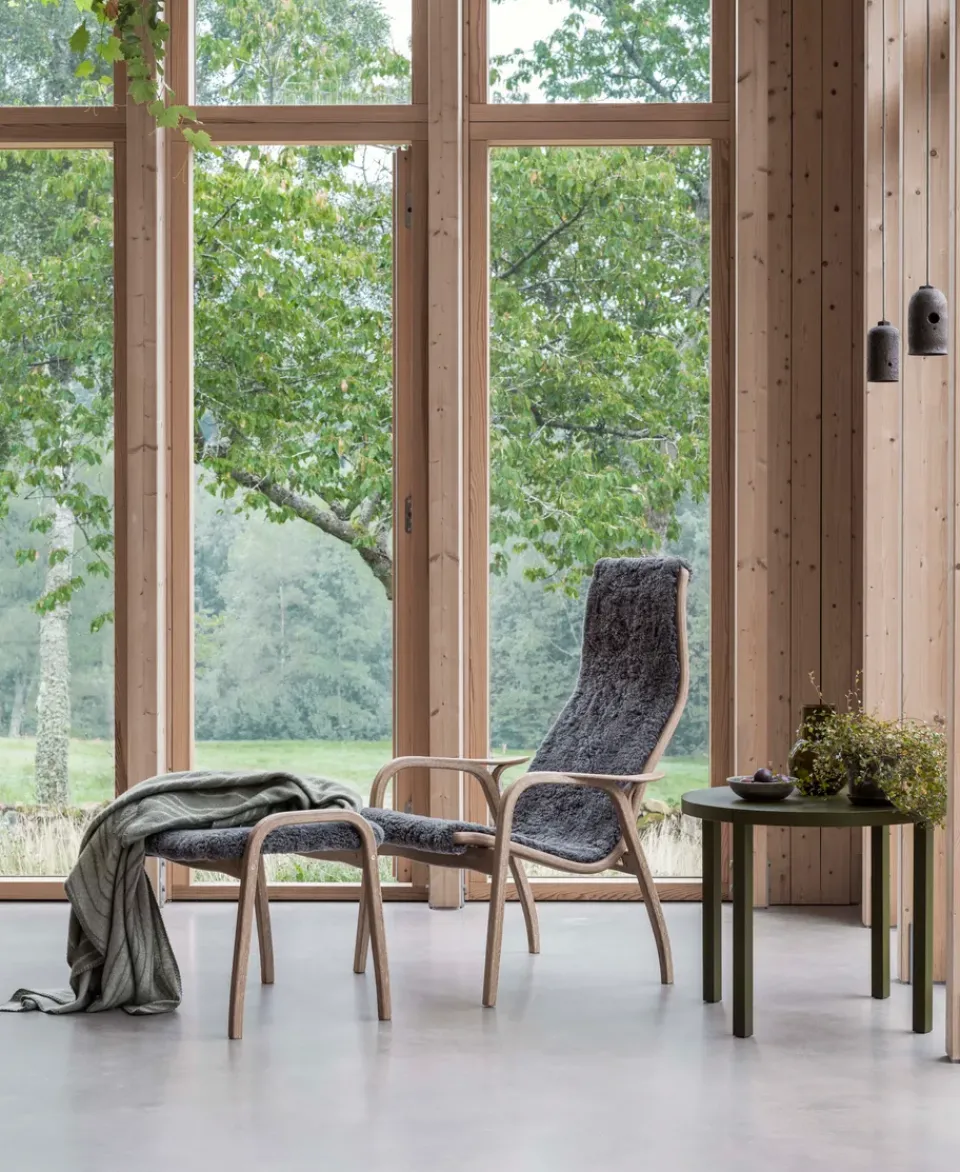 Armchairs & Footstools^Swedese Lamino armchair and footstool oiled oak/sheepskin, Scandinavian Grey