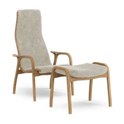 Armchairs & Footstools^Swedese Lamino armchair and footstool oiled oak/sheepskin, Moonlight Beige