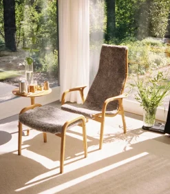 Armchairs & Footstools^Swedese Lamino armchair and footstool oiled oak/sheepskin, Moonlight Beige