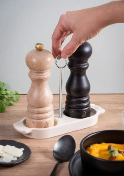 Salt & Pepper Grinders^Peugeot Linea spice mill stand with handle, Ecru White