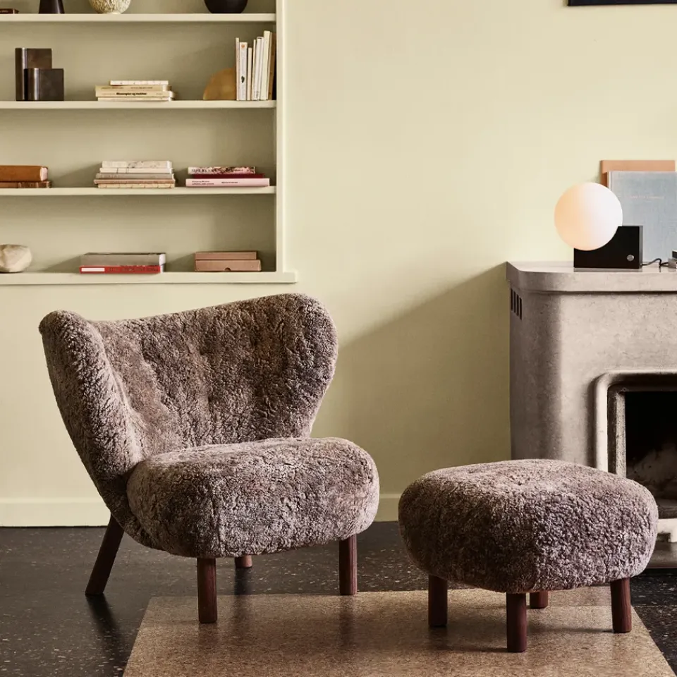 Armchairs & Footstools^&Tradition Little Petra ATD1 footstool, Sheepskin moonlight-oiled walnut legs White