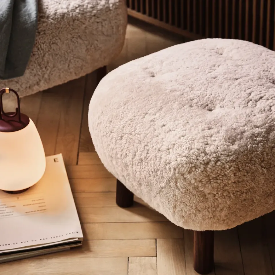 Armchairs & Footstools^&Tradition Little Petra ATD1 footstool, Sheepskin moonlight-oiled walnut legs White