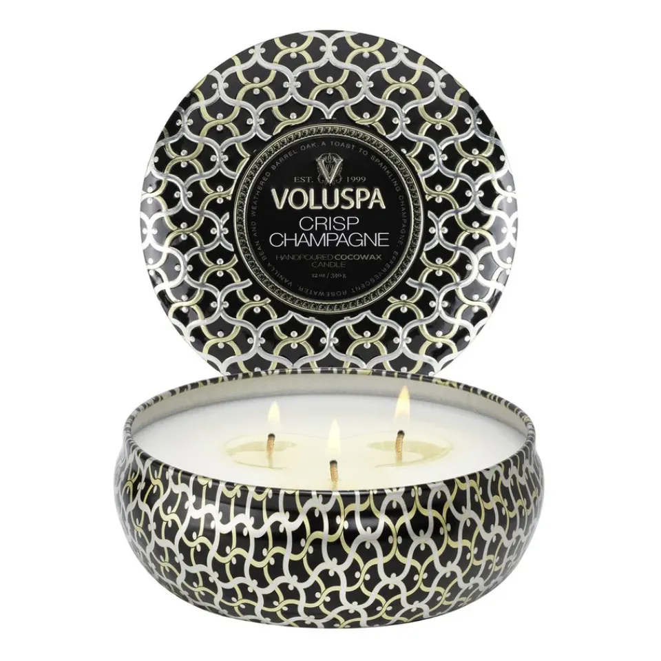 New Voluspa Maison Noir 3-wick Tin scented 40 hours, Crisp Champagne Gold-colouredBlack