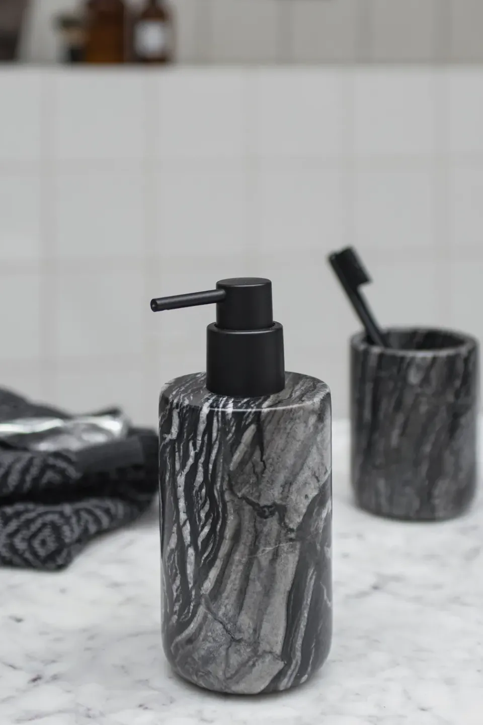 Soap Dispensers & Dishes^Mette Ditmer Marble soap dispenser 17.5 cm, Black-Grey BlackGrey
