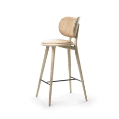 Bar Stools^Mater High Stool Backrest barstool low, leather natural, matt varnished oak stand Beige