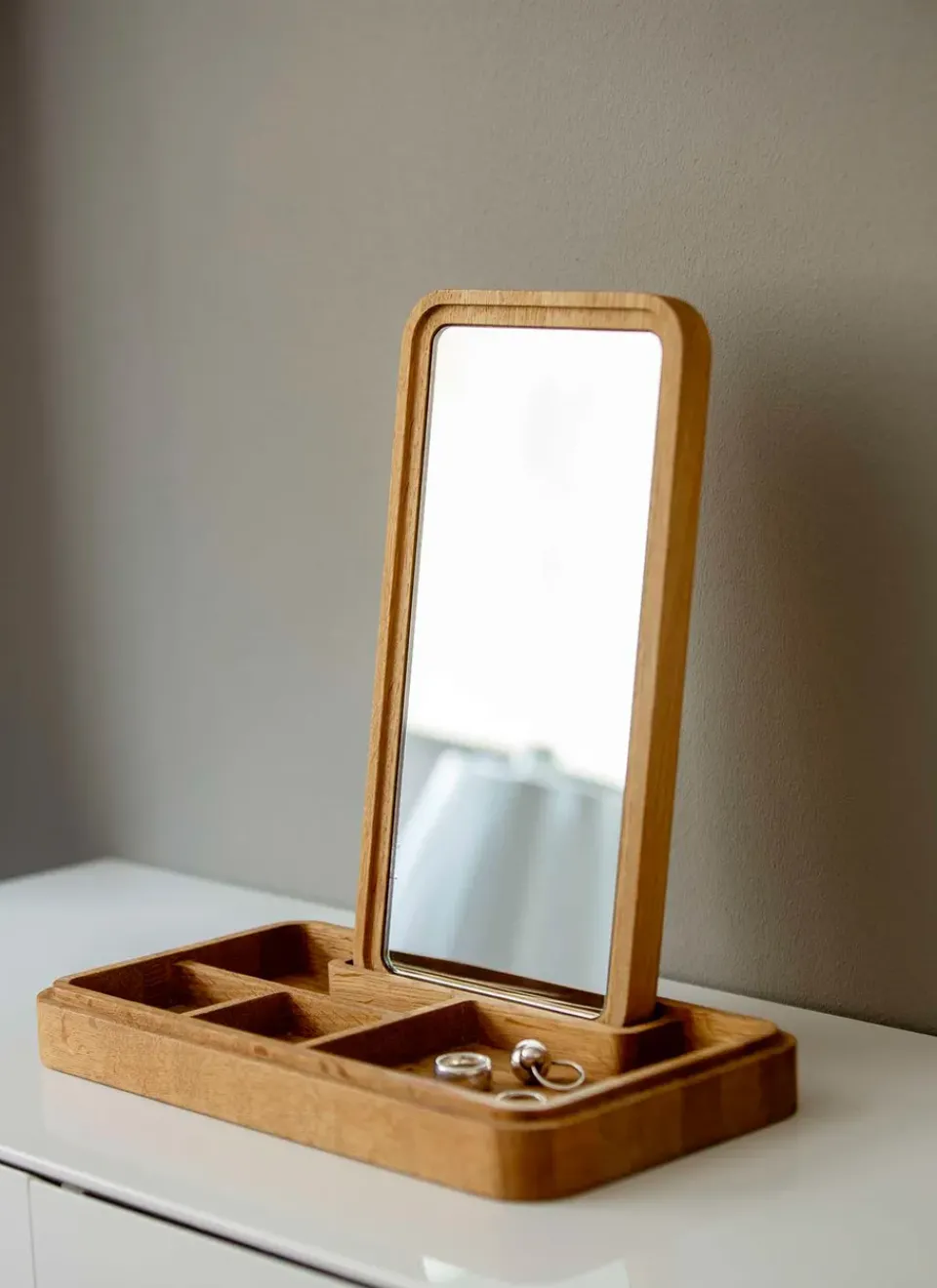 Table Mirrors^Spring Copenhagen Mirror with jewellery box 32 cm, Oak Brown