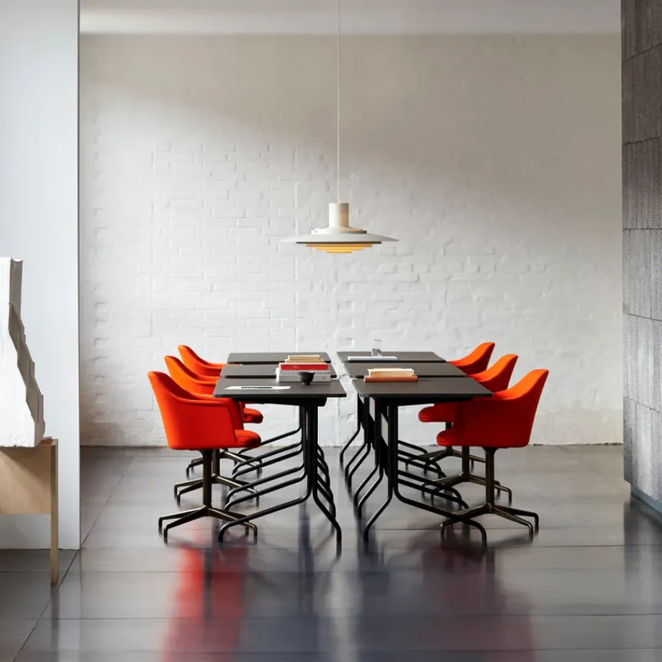 Desks^&Tradition Pavilion AV16 desk, Mushroom linoleum, lacquered oak, chrome legs Brown