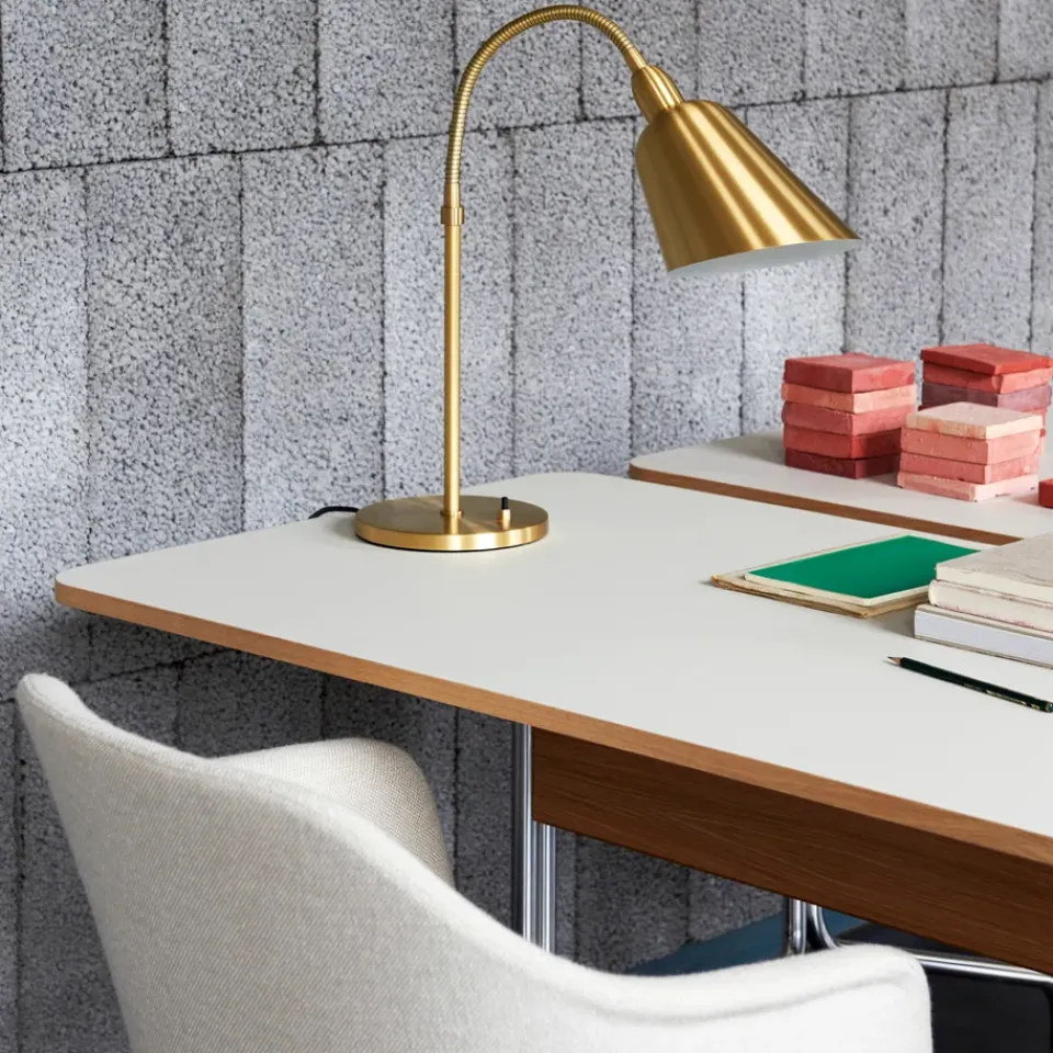 Desks^&Tradition Pavilion AV16 desk, Mushroom linoleum, lacquered oak, chrome legs Brown