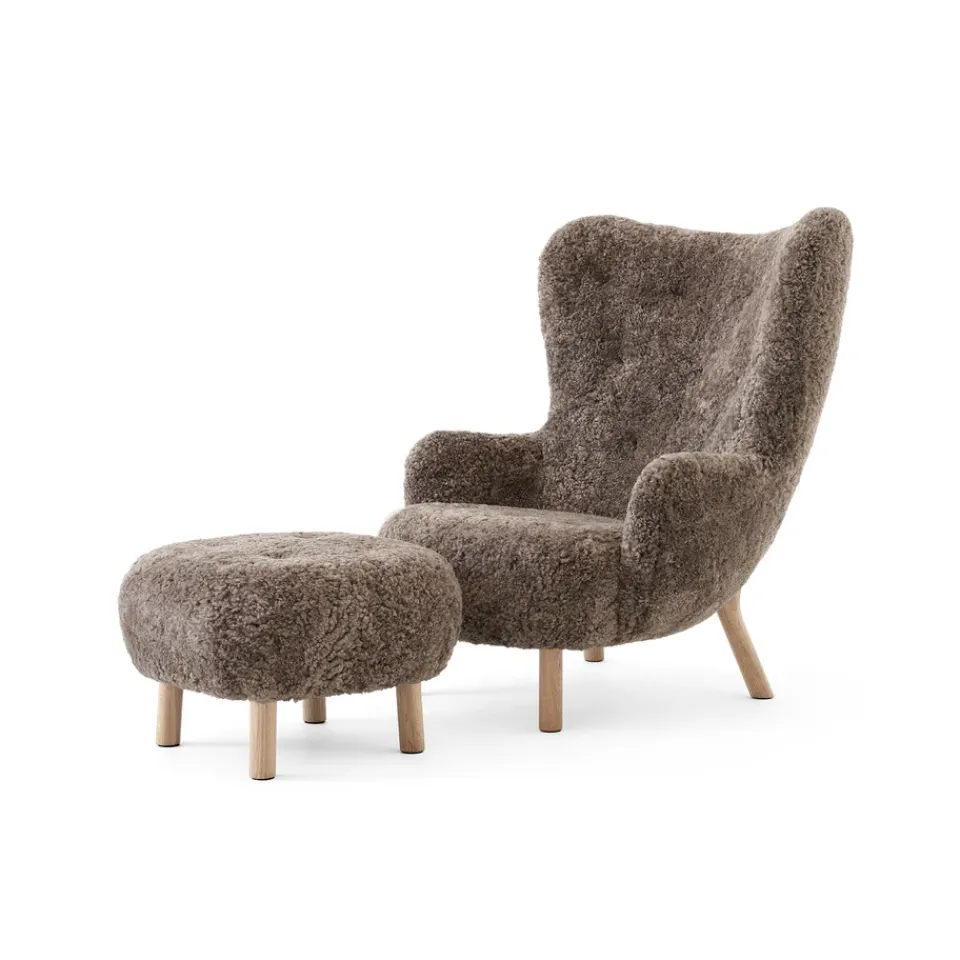 Hot &Tradition Petra VB3 high armchair incl. pouf ATD1, Oiled Oak-Sheepskin Sahara Brown